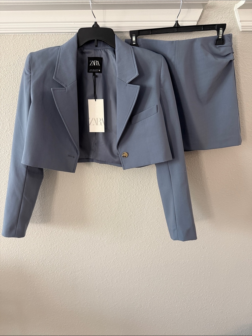 ZARA Cropped Blazer and Mini Skirt Set in Dusty Blue